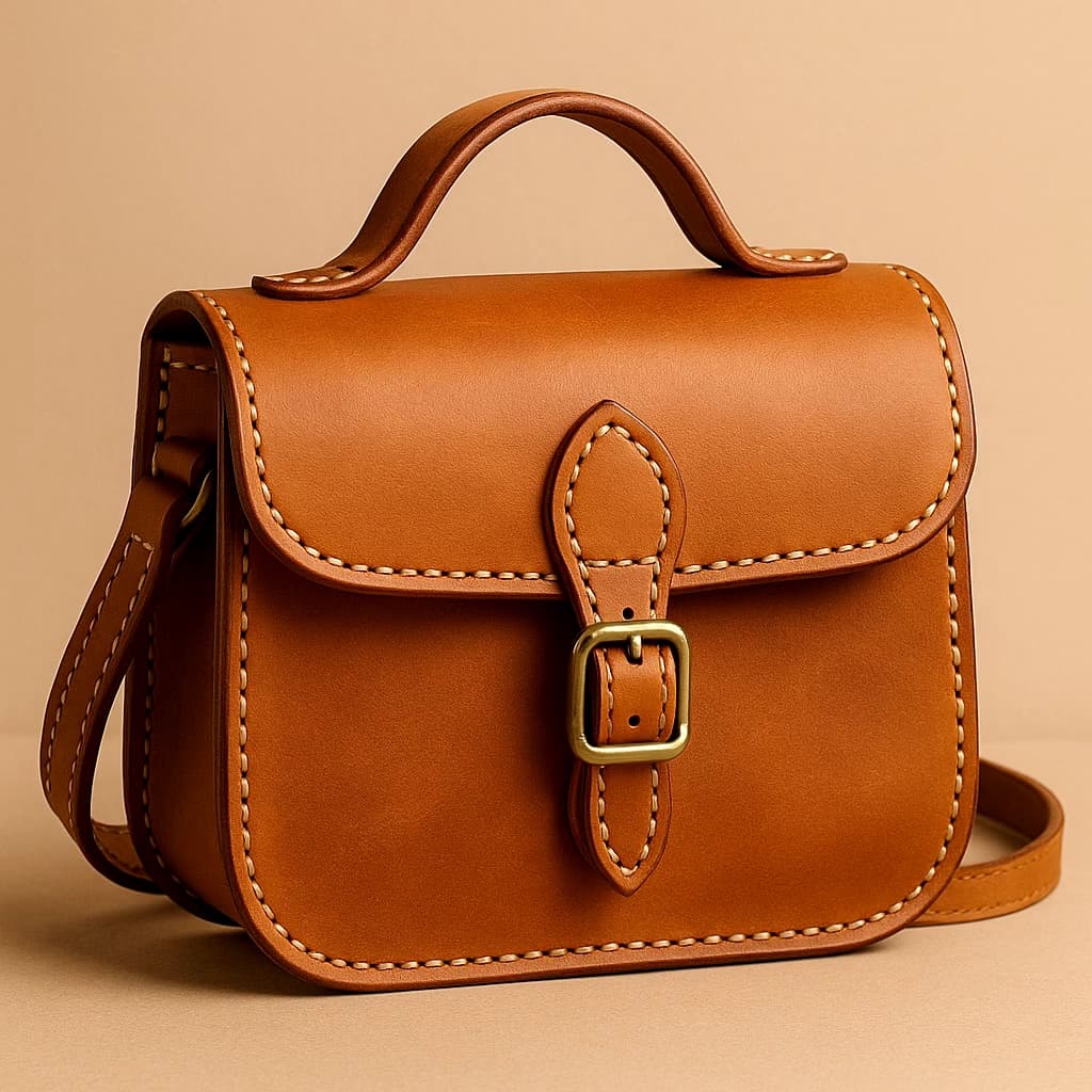 Borsa in Cuoio “Terra di Siena” - Borsa in cuoio naturale fatta a mano con cuciture a sella e chiusura in ottone. Creazione artigianale in legno ArtèCris.