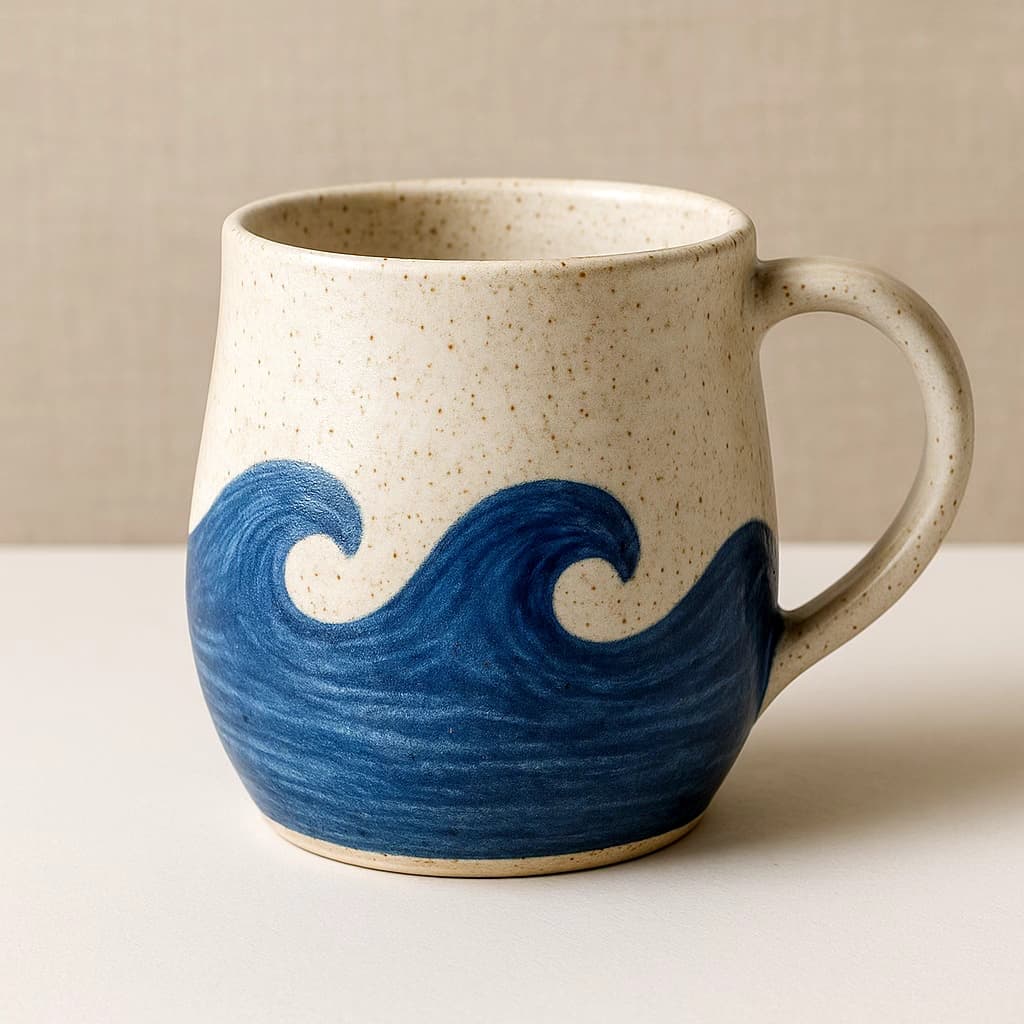 Tazza in Ceramica “Onda Blu” - Tazza in ceramica smaltata a mano con effetto onde blu e bianco. Creazione artigianale in legno ArtèCris.